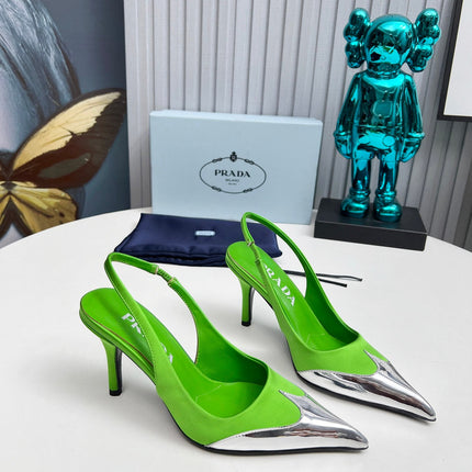 HIGH SLING BACK PUMPS IN SILVER MIX LIME GREEN SATIN