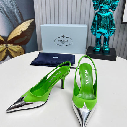 HIGH SLING BACK PUMPS IN SILVER MIX LIME GREEN SATIN