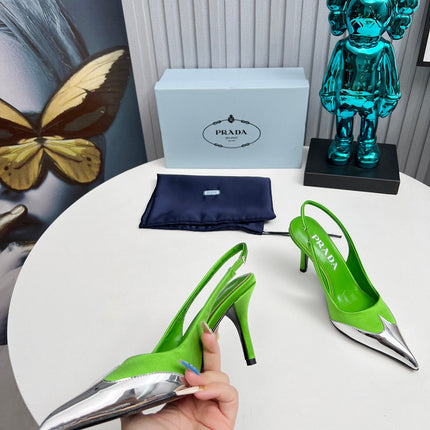HIGH SLING BACK PUMPS IN SILVER MIX LIME GREEN SATIN
