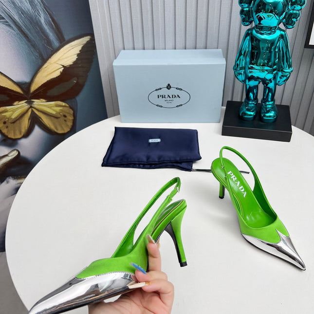 HIGH SLING BACK PUMPS IN SILVER MIX LIME GREEN SATIN