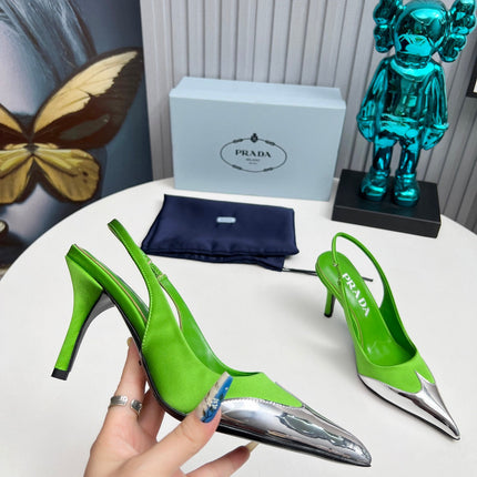 HIGH SLING BACK PUMPS IN SILVER MIX LIME GREEN SATIN