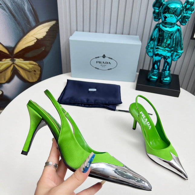 HIGH SLING BACK PUMPS IN SILVER MIX LIME GREEN SATIN