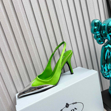 HIGH SLING BACK PUMPS IN SILVER MIX LIME GREEN SATIN