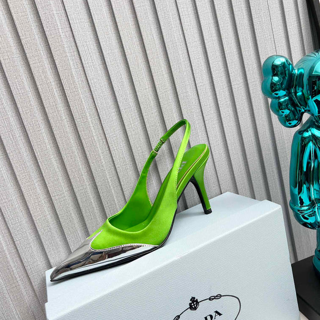 HIGH SLING BACK PUMPS IN SILVER MIX LIME GREEN SATIN