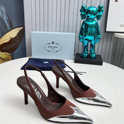 HIGH SLING BACK PUMPS IN SILVER MIX CHOCOLATE SATIN