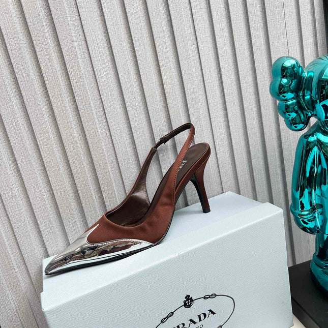 HIGH SLING BACK PUMPS IN SILVER MIX CHOCOLATE SATIN
