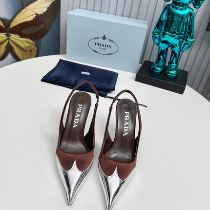 HIGH SLING BACK PUMPS IN SILVER MIX CHOCOLATE SATIN