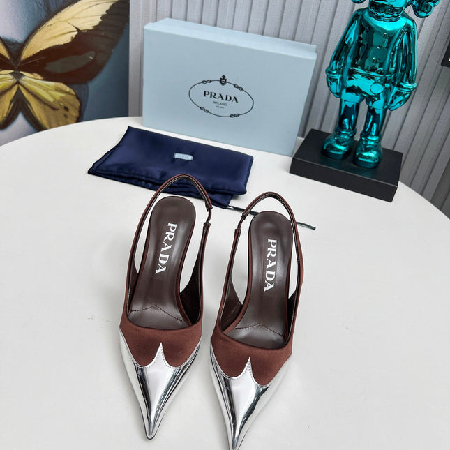 HIGH SLING BACK PUMPS IN SILVER MIX CHOCOLATE SATIN