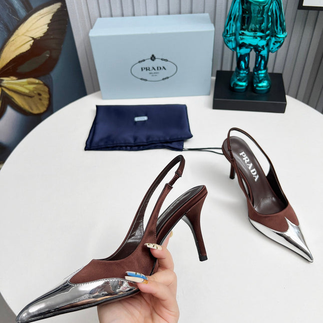 HIGH SLING BACK PUMPS IN SILVER MIX CHOCOLATE SATIN