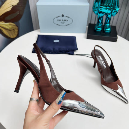 HIGH SLING BACK PUMPS IN SILVER MIX CHOCOLATE SATIN
