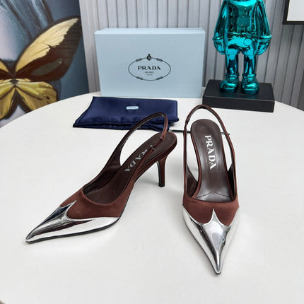 HIGH SLING BACK PUMPS IN SILVER MIX CHOCOLATE SATIN