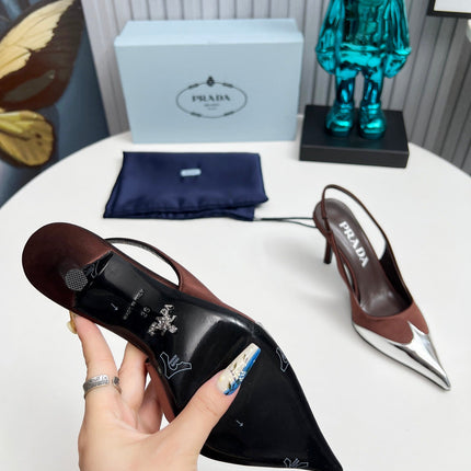 HIGH SLING BACK PUMPS IN SILVER MIX CHOCOLATE SATIN