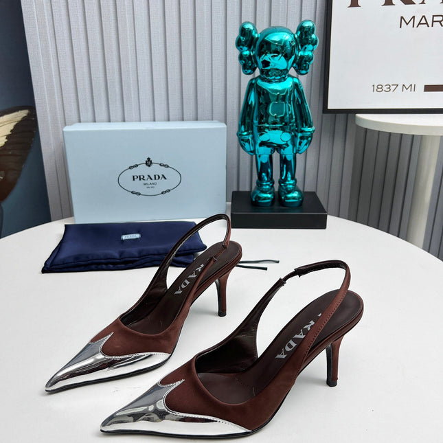 HIGH SLING BACK PUMPS IN SILVER MIX CHOCOLATE SATIN