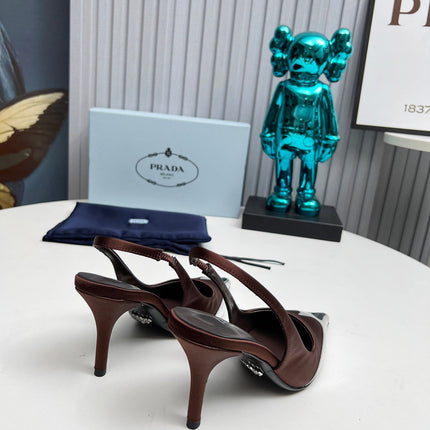 HIGH SLING BACK PUMPS IN SILVER MIX CHOCOLATE SATIN