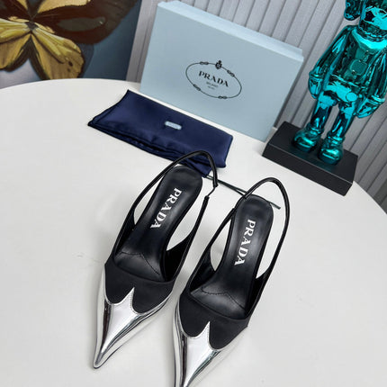 HIGH SLING BACK PUMPS IN SILVER MIX BLACK SATIN