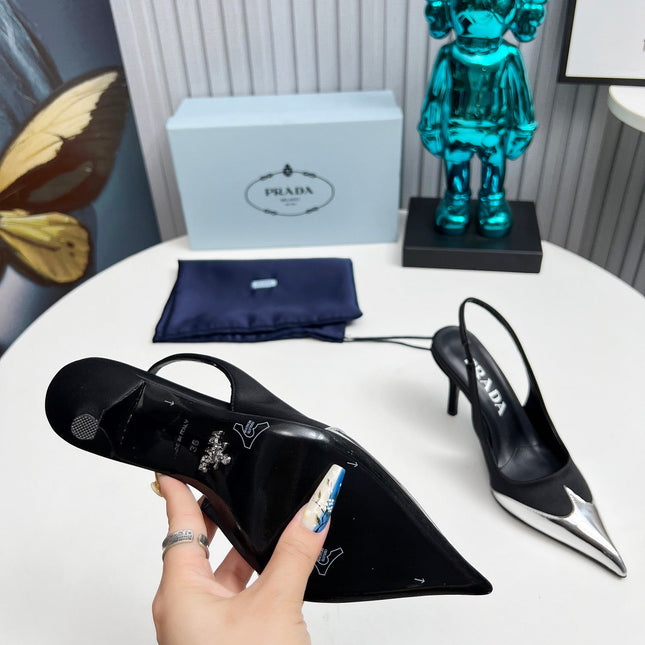 HIGH SLING BACK PUMPS IN SILVER MIX BLACK SATIN