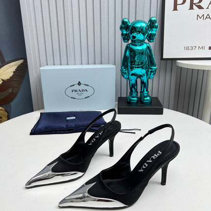 HIGH SLING BACK PUMPS IN SILVER MIX BLACK SATIN