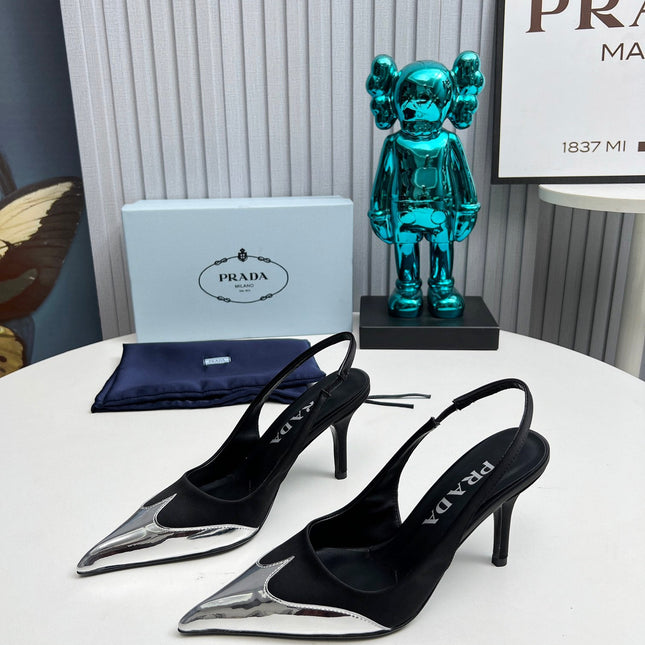 HIGH SLING BACK PUMPS IN SILVER MIX BLACK SATIN