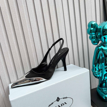 HIGH SLING BACK PUMPS IN SILVER MIX BLACK SATIN