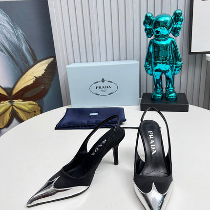 HIGH SLING BACK PUMPS IN SILVER MIX BLACK SATIN