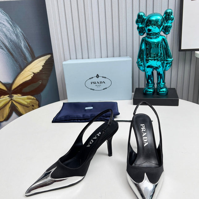 HIGH SLING BACK PUMPS IN SILVER MIX BLACK SATIN