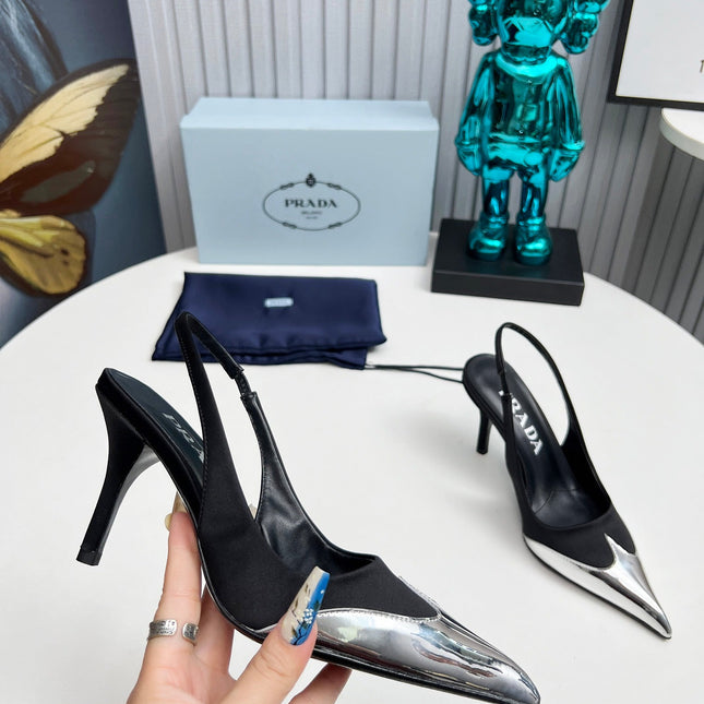 HIGH SLING BACK PUMPS IN SILVER MIX BLACK SATIN