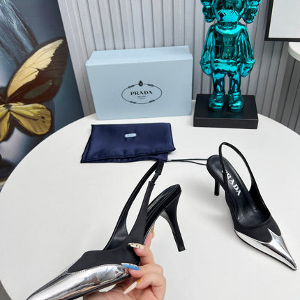 HIGH SLING BACK PUMPS IN SILVER MIX BLACK SATIN