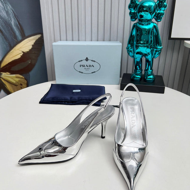 HIGH SLING BACK PUMPS IN SILVER GLOSSY CALFSKIN