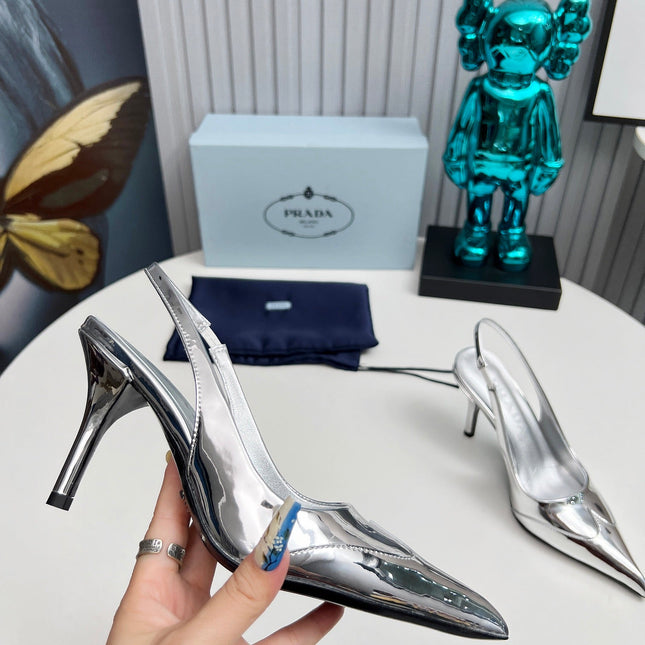 HIGH SLING BACK PUMPS IN SILVER GLOSSY CALFSKIN