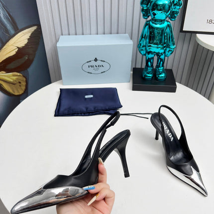 HIGH SLING BACK PUMPS IN SILVER MIX BLACK CALFSKIN