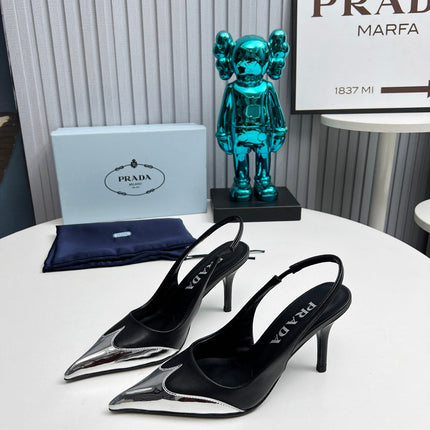 HIGH SLING BACK PUMPS IN SILVER MIX BLACK CALFSKIN