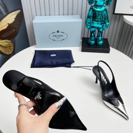 HIGH SLING BACK PUMPS IN SILVER MIX BLACK CALFSKIN