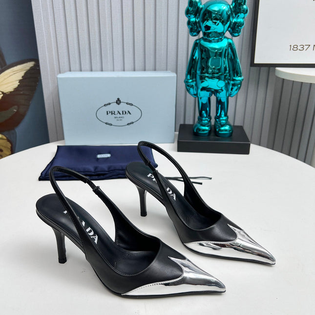 HIGH SLING BACK PUMPS IN SILVER MIX BLACK CALFSKIN