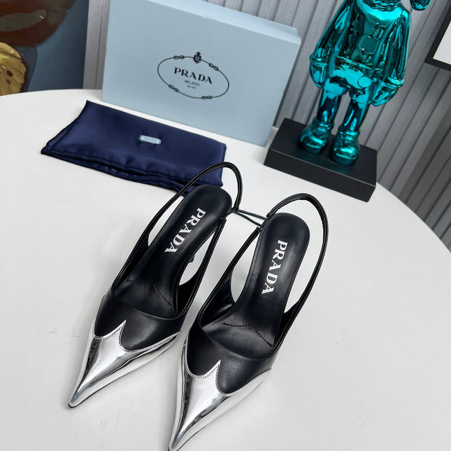 HIGH SLING BACK PUMPS IN SILVER MIX BLACK CALFSKIN