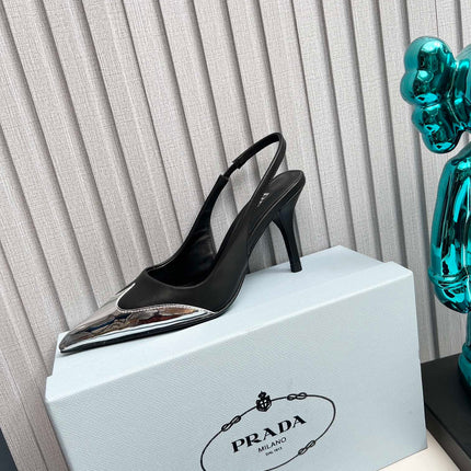 HIGH SLING BACK PUMPS IN SILVER MIX BLACK CALFSKIN