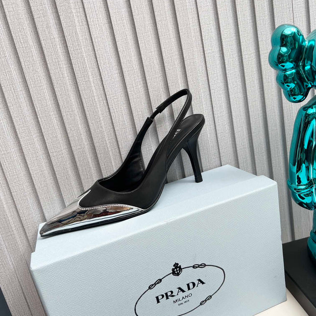 HIGH SLING BACK PUMPS IN SILVER MIX BLACK CALFSKIN