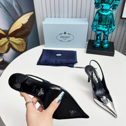 HIGH SLING BACK PUMPS IN SILVER MIX BLACK GLOSSY CALFSKIN