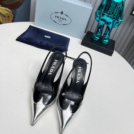 HIGH SLING BACK PUMPS IN SILVER MIX BLACK GLOSSY CALFSKIN