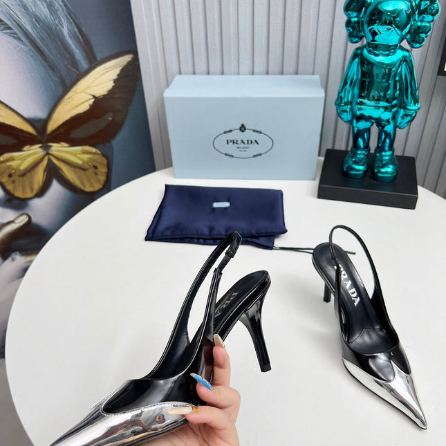 HIGH SLING BACK PUMPS IN SILVER MIX BLACK GLOSSY CALFSKIN