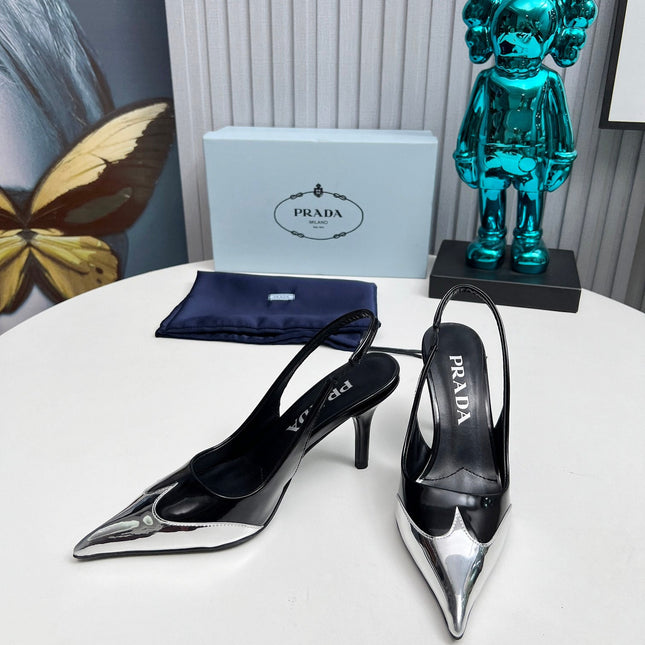 HIGH SLING BACK PUMPS IN SILVER MIX BLACK GLOSSY CALFSKIN