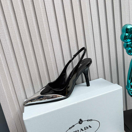 HIGH SLING BACK PUMPS IN SILVER MIX BLACK GLOSSY CALFSKIN