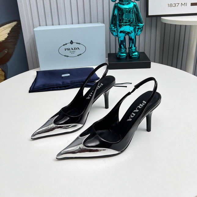 HIGH SLING BACK PUMPS IN SILVER MIX BLACK GLOSSY CALFSKIN