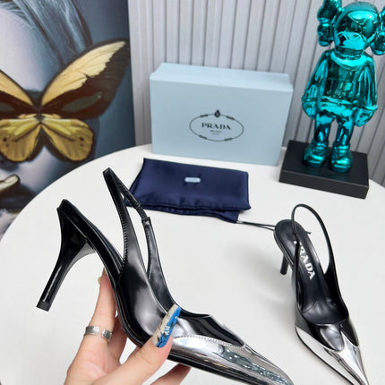 HIGH SLING BACK PUMPS IN SILVER MIX BLACK GLOSSY CALFSKIN