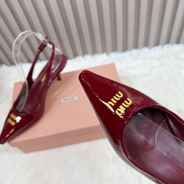 POINTED-TOE SLINGBACK IN WINE RED GLOSSY CALFSKIN