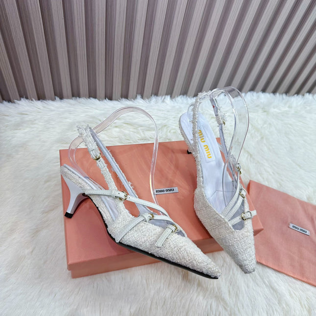 CROSS STRAP HIGH HEELED SLINGBACK IN BEIGE TWEED