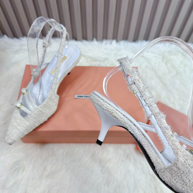 CROSS STRAP HIGH HEELED SLINGBACK IN BEIGE TWEED