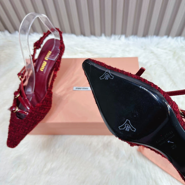 CROSS STRAP HIGH HEELED SLINGBACK IN CURRANT RED TWEED