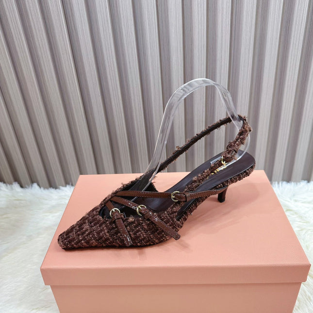 CROSS STRAP HIGH HEELED SLINGBACK IN CHOCOLATE TWEED