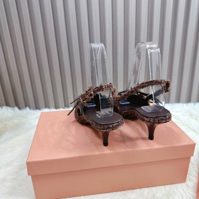 CROSS STRAP HIGH HEELED SLINGBACK IN CHOCOLATE TWEED
