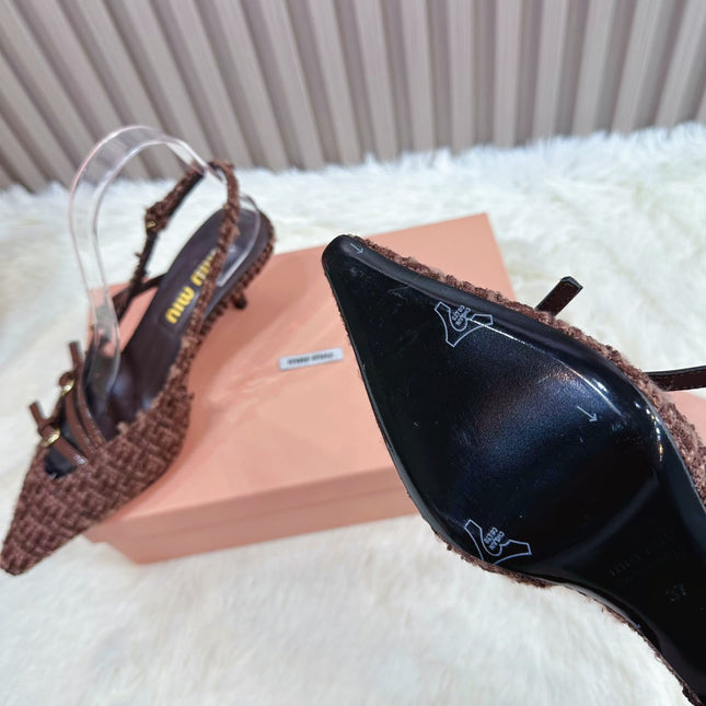 CROSS STRAP HIGH HEELED SLINGBACK IN CHOCOLATE TWEED